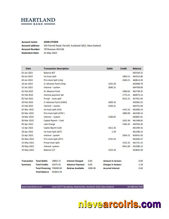 New Zealand Heartland bank statement